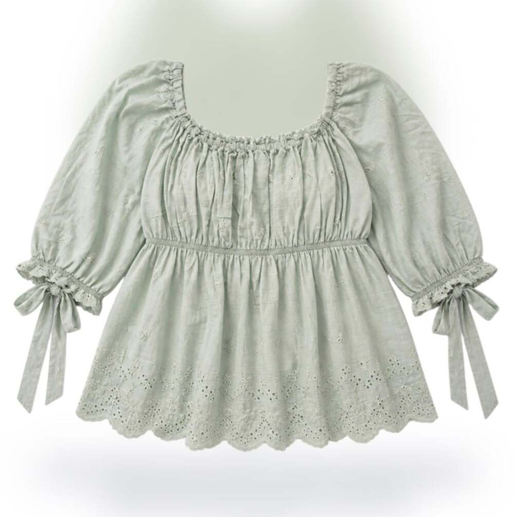 Cider Pale Green 100% Cotton Embroidered Square Neck Peasant Crop Top